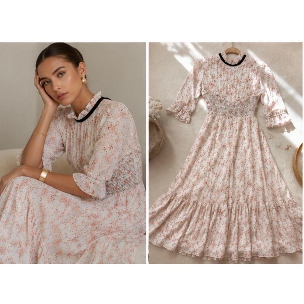 Lug Von Siga Gabriella Floral Print Smocked Open-Back Midi Dress 34/US2 - Picture 4 of 12